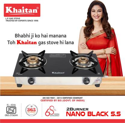 Khaitan 2 Burner Nano Stainless Steel frame Glass Manual Gas Stove