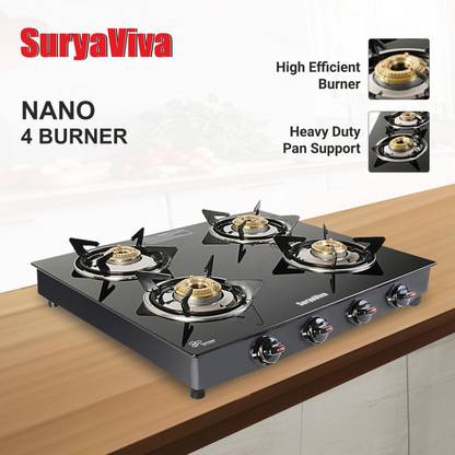 SURYAVIVA Nano 4B BK Toughened Glass 4 Cast Iron (Manual Ignition,Black) Glass Manual Gas Stove