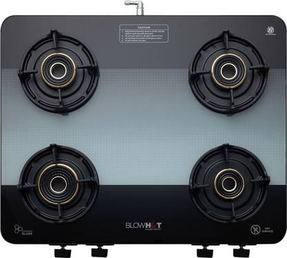 BLOWHOT Sapphire 4 Tornado Brass 5G Burners, 5-Year Warranty, Premium Design, Toughened Glass, Aluminium Manual Gas Stove