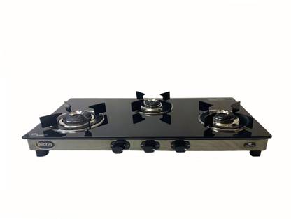 Alana 3 Burner Elite Plus with Space Grey SS base Glass Manual Gas Stove