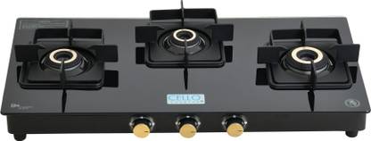 CELLO Black Pearl 3 Burner Toughened Glass Top Gas Stove, Brass Burners, Black Finish Glass Manual Gas Stove