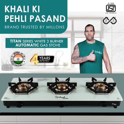 Sigri-wala Titan Series HexFire White Auto 3 Burner Gas Stove Glass Automatic Gas Stove