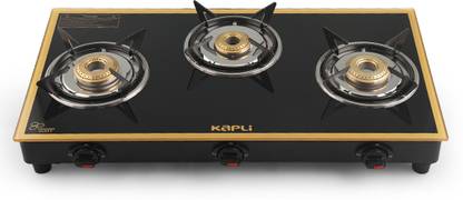 KAPLI Premium 3 Burner with Toughened Glass Cooktop Brass burners LPG Glass Manual Gas Stove