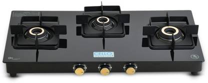 CELLO Black Pearl 3 Burner Toughened Glass Top Gas Stove, Brass Burners, Black Finish Glass Manual Gas Stove