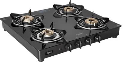 Glen LPG Gas Stoves 4 Burner | Brass Burners ISI Certified | 2 Years Warranty Black Glass Automatic Gas Stove