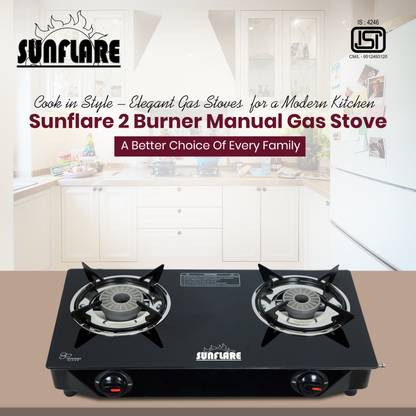 Sunflare Cute 2B Toughened Glass Tornado Burner(Bk) Glass Manual Gas Stove(2 Burners) Glass Manual Gas Stove