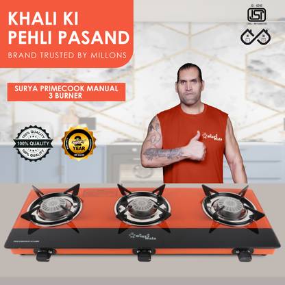Sigri-wala Sleek Orange 3B Toughened Glass Tornado Burner Glass Manual Gas Stove Glass Manual Gas Stove