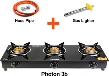 SURYAVIVA Photon 3Burner(Hose pipe + Lighter) Manual glass Glass Manual Gas Stove