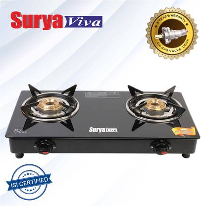 SURYAVIVA Photon 2B BK Toughened 2 Cast Iron (Igniton,Black) Glass Manual Gas Stove  (2 Burners) at Rs. 999