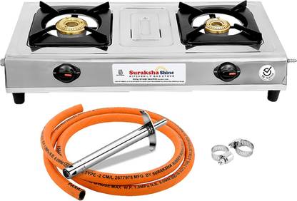 Suraksha Shine Bruno Combo with LPG Hose Pipe & Gas Lighter Stainless Steel Manual Gas Stove