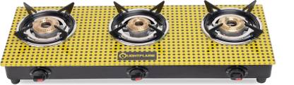 LIGHTFLAME 3 Burner Hybrid Yellow ISI Certified Toughened Glass With 1 Year Warranty Glass Manual Gas Stove