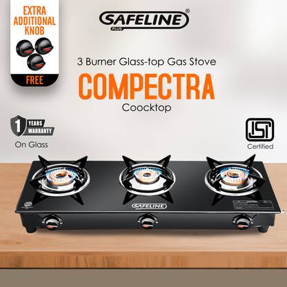 Safeline Plus Compectra 3B Glasstop 6mm Highly Toughened C.I burners Glass Manual Gas Stove