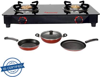 Butterfly BUTTERFLY RAPID 2B GLASS TOP STOVE + 3 PCS NON STICK NON-INDUCTION COOKWARE SET Glass Manual Gas Stove
