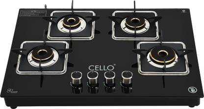 CELLO Platinum 4 Burner Manual Hob Top LPG Gas Stove 8mm Black Toughened Glass Top Glass Manual Hob
