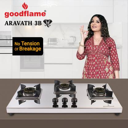 goodflame Aravath 3B Stainless steel stove 3 Dual Tone Imported(Silver,stainless steel) Stainless Steel Manual Hob