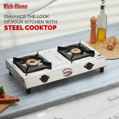 Rich flame Classic Unite Gas Stove 2 Burner Stove Steel | ISI Certified |Kitchen Gas Chulha Stainless Steel Manual Gas Stove
