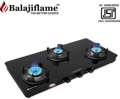 Balajiflame 3 Burner Toughened Glass Cooktop Manual Ignition | ISI Certified | Glass Manual Gas Stove