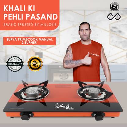 Sigri-wala Sleek Orange 2B Toughened Glass Tornado Burner Glass stove Glass Manual Gas Stove