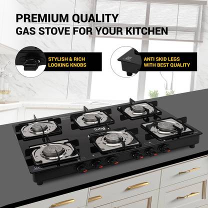 Hamlay Elegant 6B Toughened Glass Tornado Burner(Bk) Glass Stove Glass Manual Gas Stove