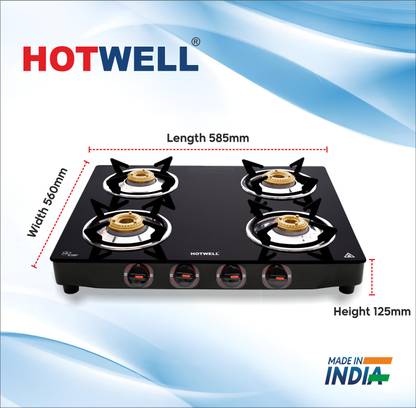 Hotwell 4 Burner Saphire MS Black Glass Manual Gas Stove (4 Burners) Glass Manual Gas Stove