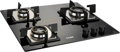 Glen Gas Stoves 3 Burner Built in Glass Hob with Double Ring Forged Brass Burner Glass Automatic Hob