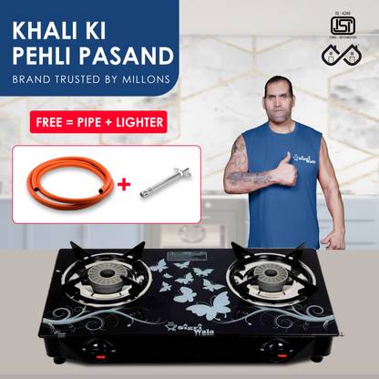 Sigri-wala Cute 2B Combo(Lighter+Hose Pipe) Toughened Glass Tornado Burner(Bk) Glass Stove Glass Manual Gas Stove