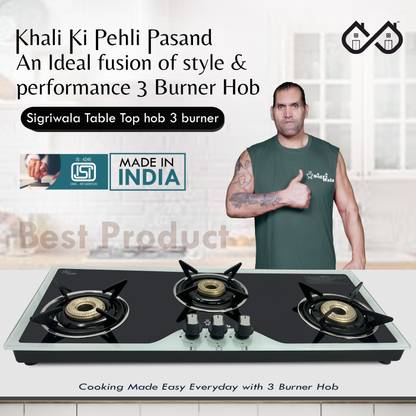 Sigri-wala Surya Primecook 3 burner Hobtop Black & White Glass Manual Hob