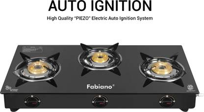 Fabiano 3 Burner Curl Smart Auto Ignition ISI Certified, LPG To Convertible Glass Automatic Gas Stove