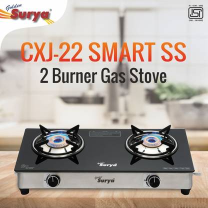 Golden Surya Premium Toughened Glass Top, ISI Certified, CXJ-22 SS Smart- Rich Look, LPG Use" Glass Manual Gas Stove