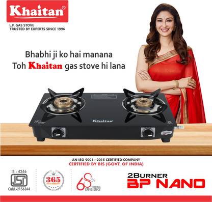 Khaitan 2 Burner BP Nano MS Black Glass Manual Gas Stove