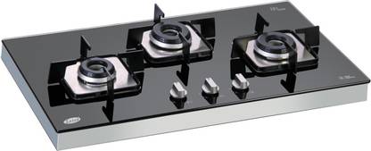 ग्लेन 3 Burner Glass Hob Top SS Frame Italian Double Ring Burner Auto Ignition ग्लास ऑटोमैटिक गैस चूल्हा