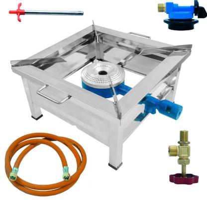 Cay Single Burner Stainless Steel Square Bhatti with Fitted Brass Nut Hose Pipe, High Pressure Regulator, Valve and Gas Lighter (12 L X 12 W X 8 H Inch, Silver) Stainless Steel Manual Gas Stove