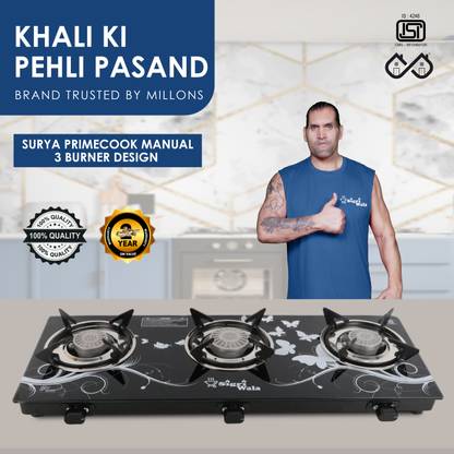 Sigri-wala Sleek 3B Toughened Glass Tornado Burner(Bk) Glass Manual Gas Stove(3 Burners) Glass Manual Gas Stove