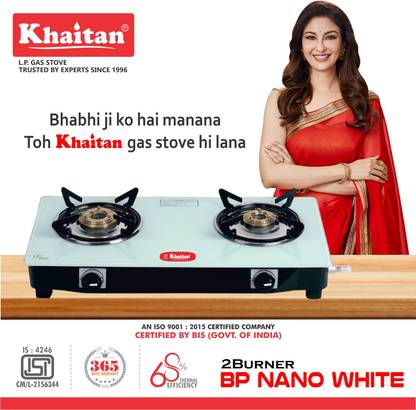 Khaitan Khaitan 2 Burner Nano White Glass Manual Gas Stove