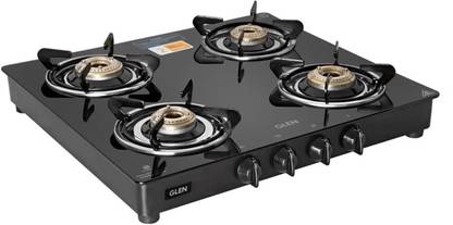 Glen Gas Stove 4 Burner Glass Top Fuel Efficient Brass Burners 2 Year Warranty Glass Manual Gas Stove