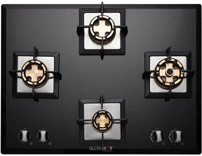 BLOWHOT Pluton 4 Heavy Brass Burner, Battery Operated Built – In, Toughened Glass Top Glass, Aluminium Automatic Hob