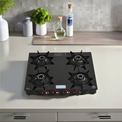CELLO Hexa Manual Ignition Black Aluminium Alloy Burner Toughened Glass Iron Manual Gas Stove  (4 Burners)