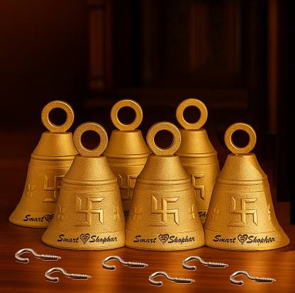 Smart Shophar Jingle Temple Bell 1 Inches, Heigth 1.3 Inches Gold, Pack of 6 With Cup Hooks Brass, Gold Plated Pooja Bell