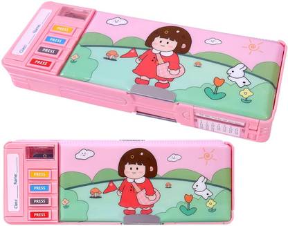 PEGACORN Girl Pencil Box, With Pen Stand In-Built, Push Button. Geometry Box