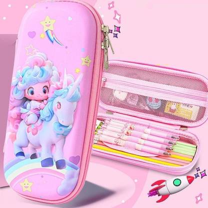 REVATAKG Unicorn With Girl Pencil Pouch Vinyl Acetate (Eva) Pencil Box 3D Pencil Pouch Geometry Box
