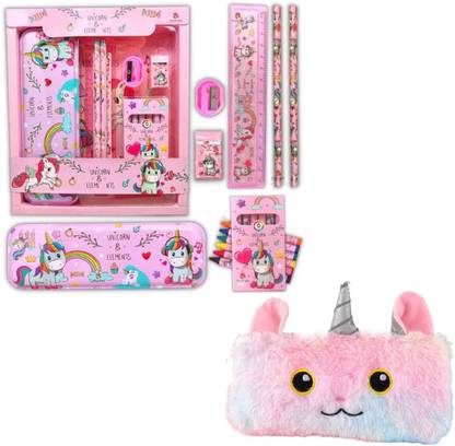 ROMYCRON Combo Unicorn Stationery kit Set and Fur Pencil Pouch for Girls Geometry Box Set Geometry Box