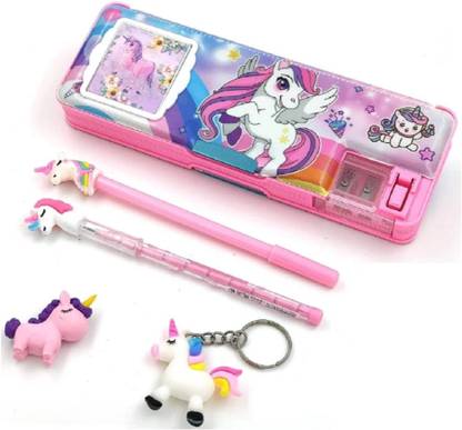 RHINETOYS Unicorn Combo: Pencil Box with Dual Sharpener & Calculator, Pencil, Pen Unicorn Art Plastic Pencil Box