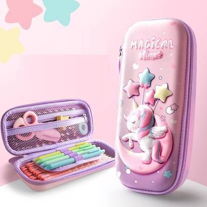 PKM Magical Time Pink Unicorn Print Cute Pencil Box For Girls Geometry Box