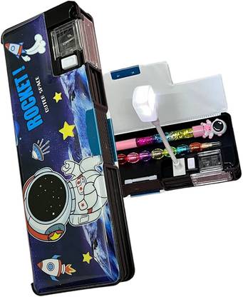 Makit Pencil Box Cute Stylish Geometry Lock Closure Box LEDTorch Light lamp Girls Boys Geometry Box