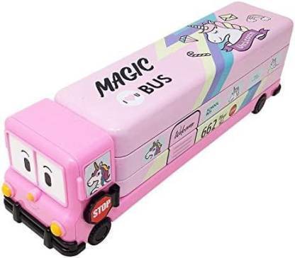 BAOER Cartoon Printed School Bus Metal Pencil Box with Moving Tyre&Sharpener for Kids Geometry Box