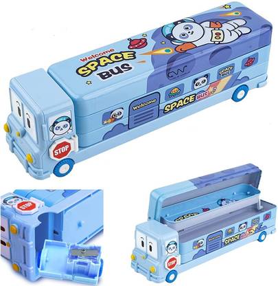 विली Wheel Tyres&Sharpner Double Compartment Bus Shape ज्योमेट्री बॉक्स स्कूल स्टेशनरी मैजिक स्कूल बस आर्ट Metal पेंसिल बॉक्स