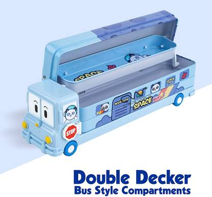 ज़ाइनेटी Cartoon Printed School Bus Pencil Box with Moving Tyres and Sharpner for Kids ज्योमेट्री बॉक्स