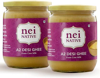Nei Native A2 Cultured Desi Ghee | Homemade and Artisanal | Pack of 500 ML + 500 ML Ghee Glass Bottle