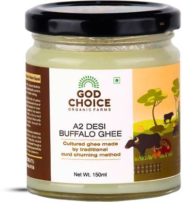 God Choice Organic Farms Pure & Organic A2 Desi Buffalo Ghee 150ml | Bilona Method | Curd Churned Buffalo Ghee Glass Bottle