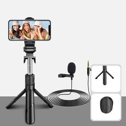 POZUB 3in1 Multi-Purpose Extendable Bluetooth Selfie Stick Tripod Stand with Wireless Detachable Remote With + Lapel 3.5mm Collar Microphone wired mic plug & play condenser Lavalier microphone For Voice Recording Microphone PZB-XT012 Travel Tripod Stand Flexible Handheld Selfie Stick Holder Action Camera Stand With Mobile Clip Holder & BT Remote Best Use for Make Videos Compatible with Mobiles Video Stand in Gimbal Stabilizer, |in mobile holder for hand| stand for online classes Single Gimbal for Mobile